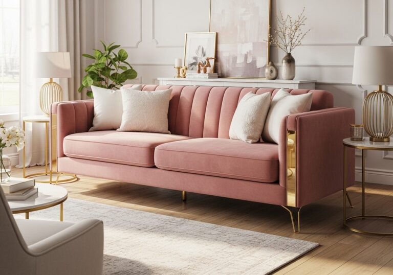 Blush Velvet Sofa With Gold Accent Legs