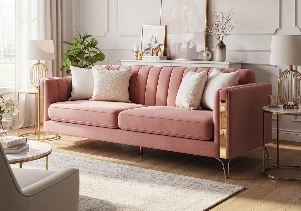 Blush Velvet Sofa With Gold Accent Legs