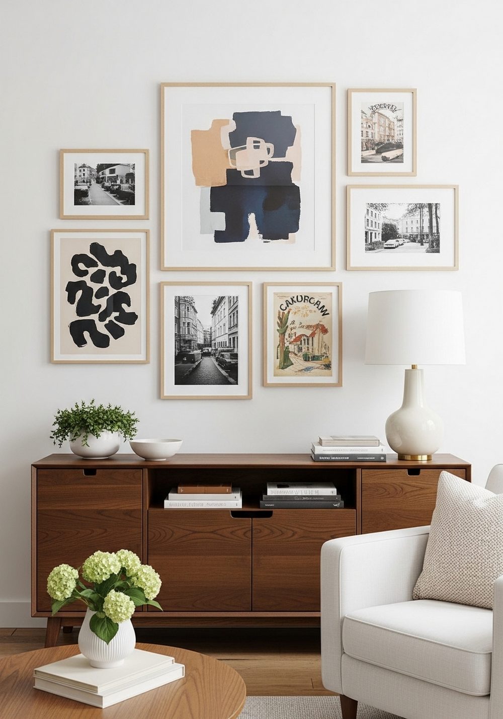 Build a Gallery Wall Above Dark Wood Furniture