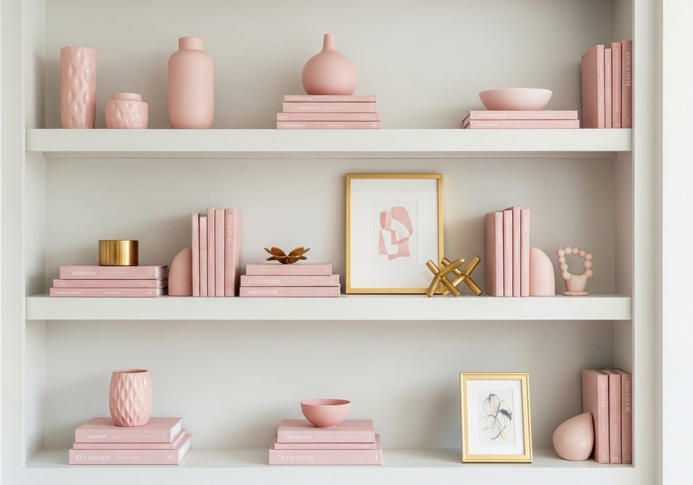 Built-In Shelving Styled in Blush and Gold
