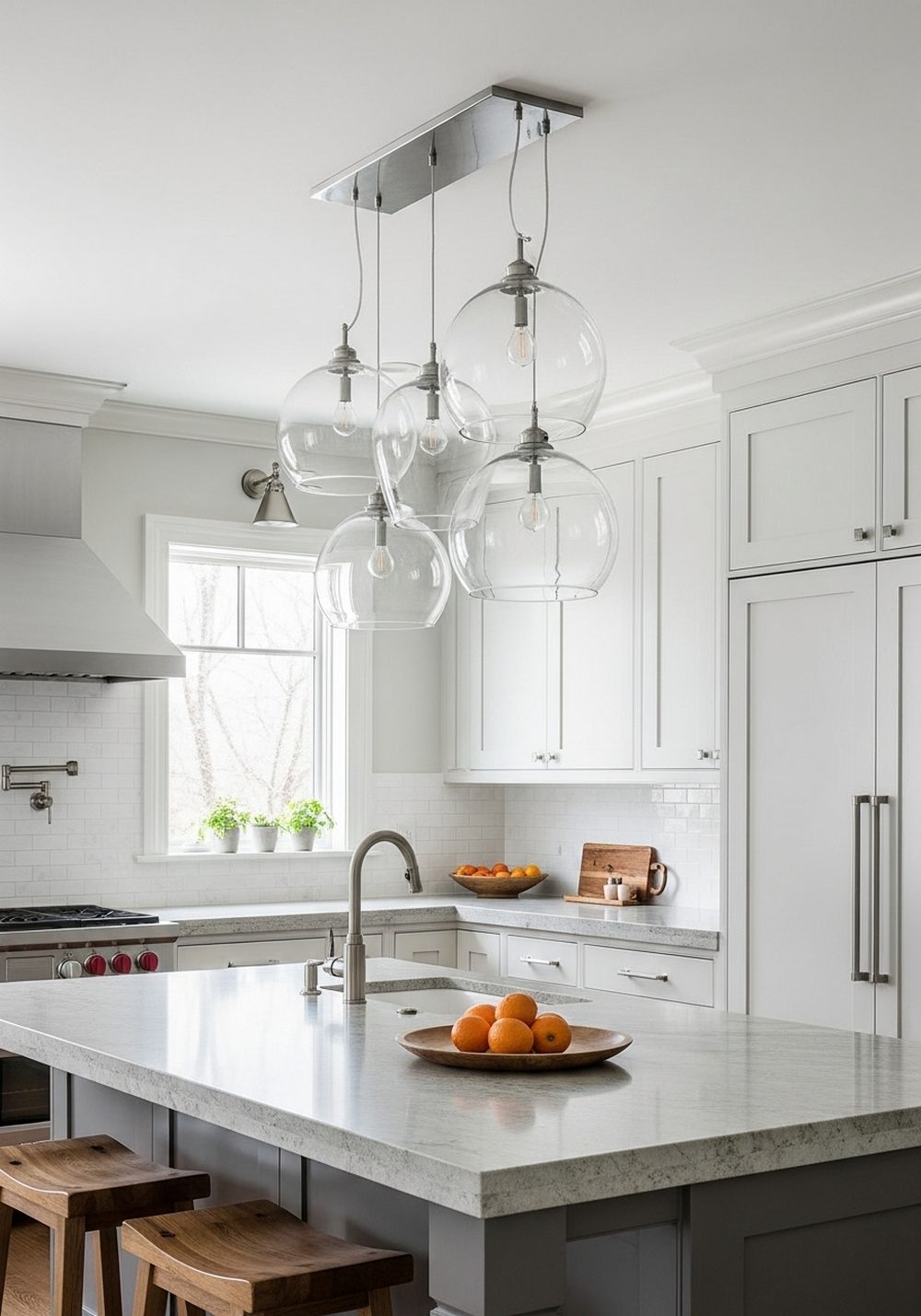 Cluster Glass Pendants Above the Kitchen Island