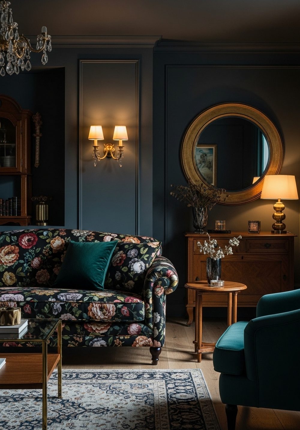 Dark Floral Sofa With Moody Living Room Tones