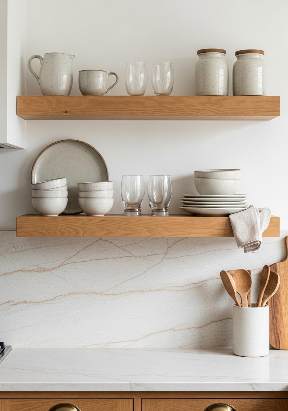 Floating Wood Shelves in a Stone Kitchen