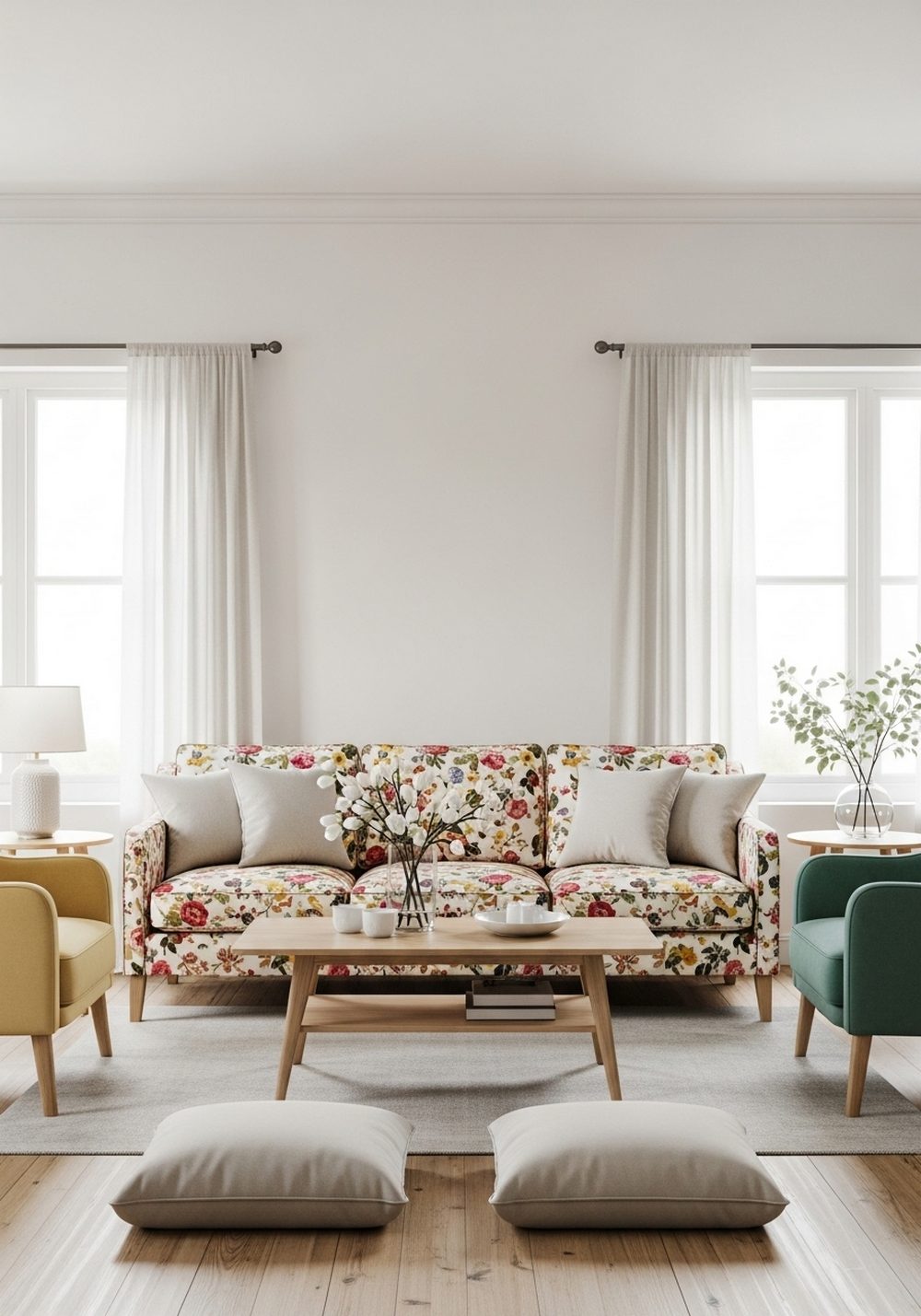 Floral Sofa Paired With Solid Accent Chairs