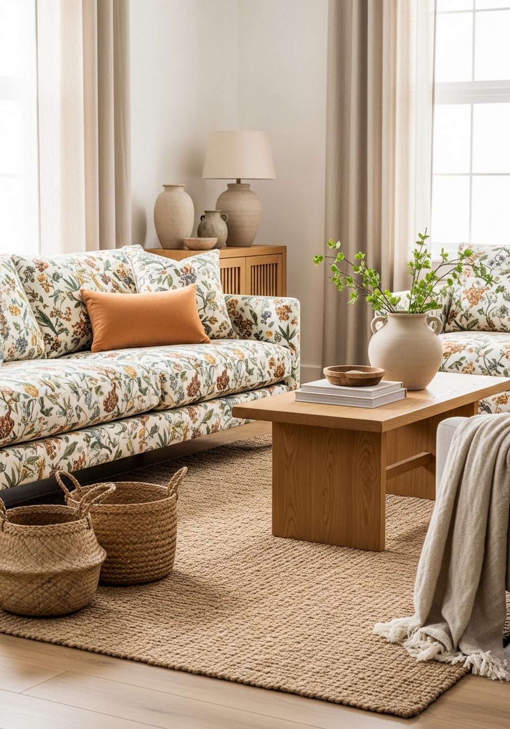 Floral Sofa With Natural Wood and Woven Textures