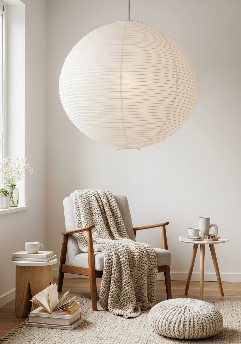 Oversized Paper Lantern in a Cozy Reading Nook