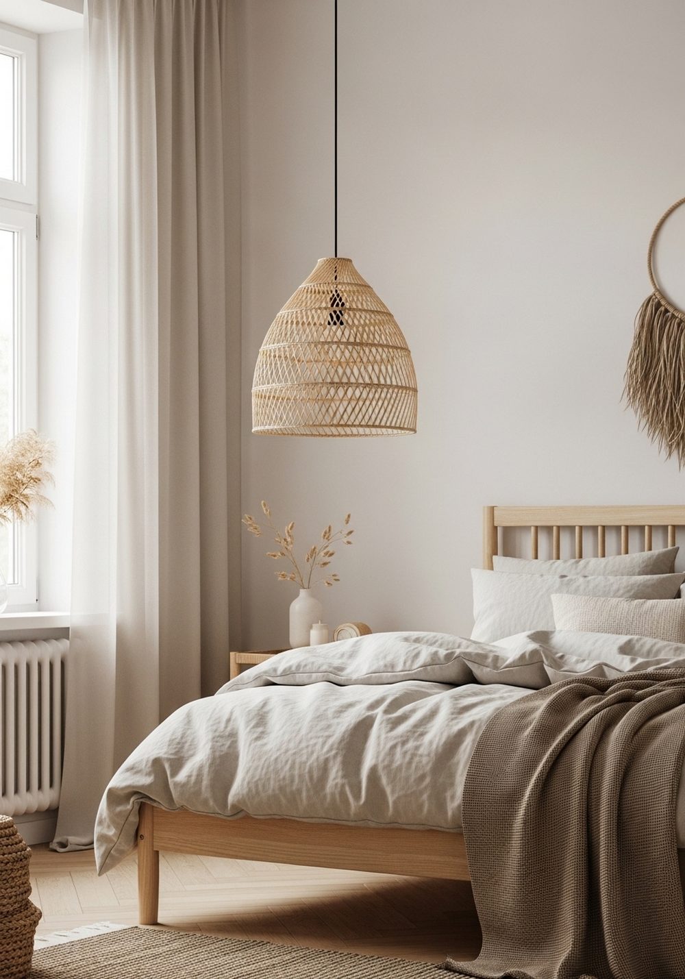 Rattan Pendant in a Relaxed Bedroom