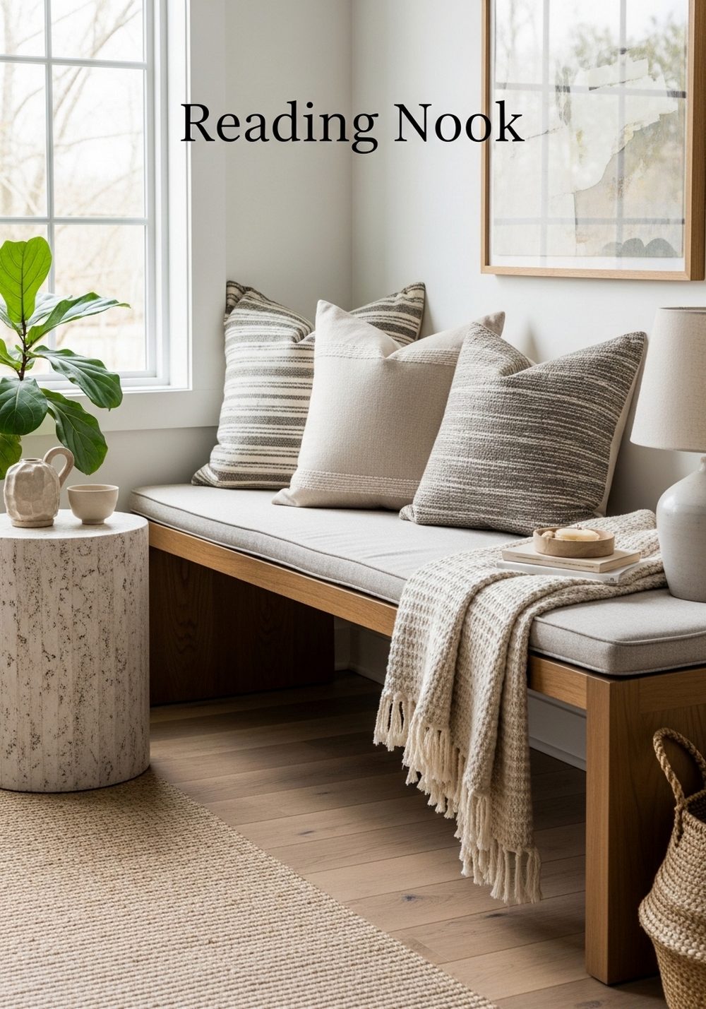 Reading Nook with Wood Bench and Stone Side Table