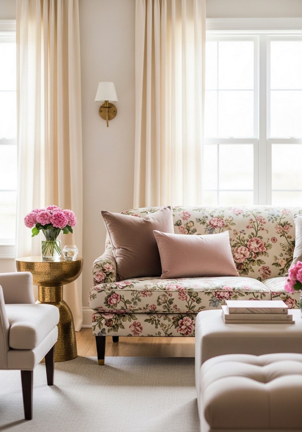 Romantic Floral Sofa With Gold and Velvet Accents