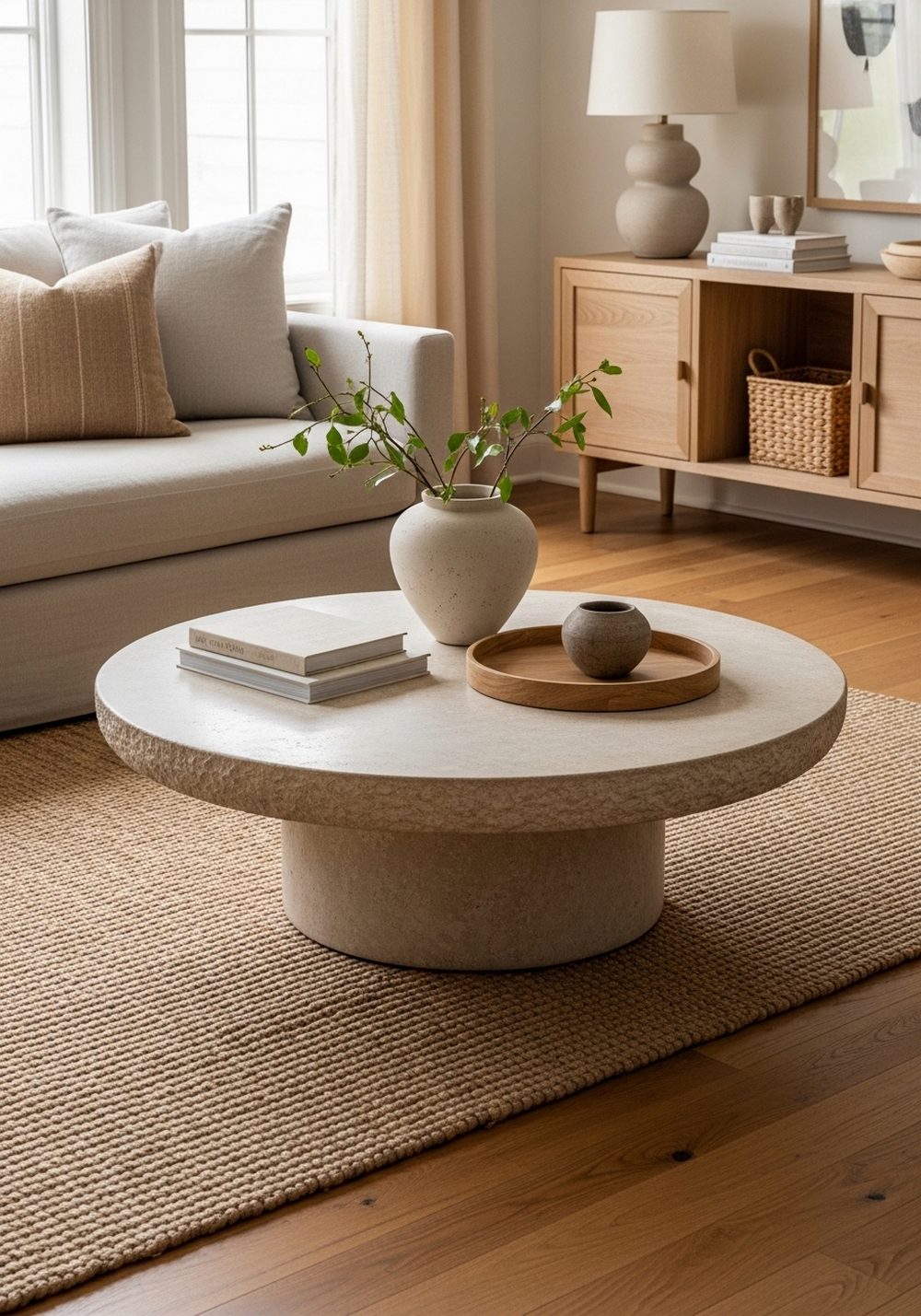 Round Stone Coffee Table on Wood Floors