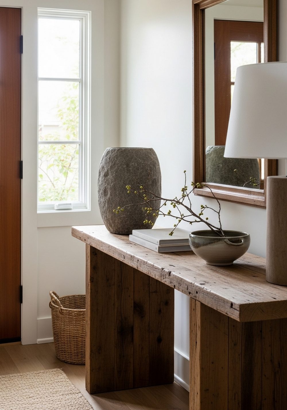Rustic Entry Console with Stone Vase