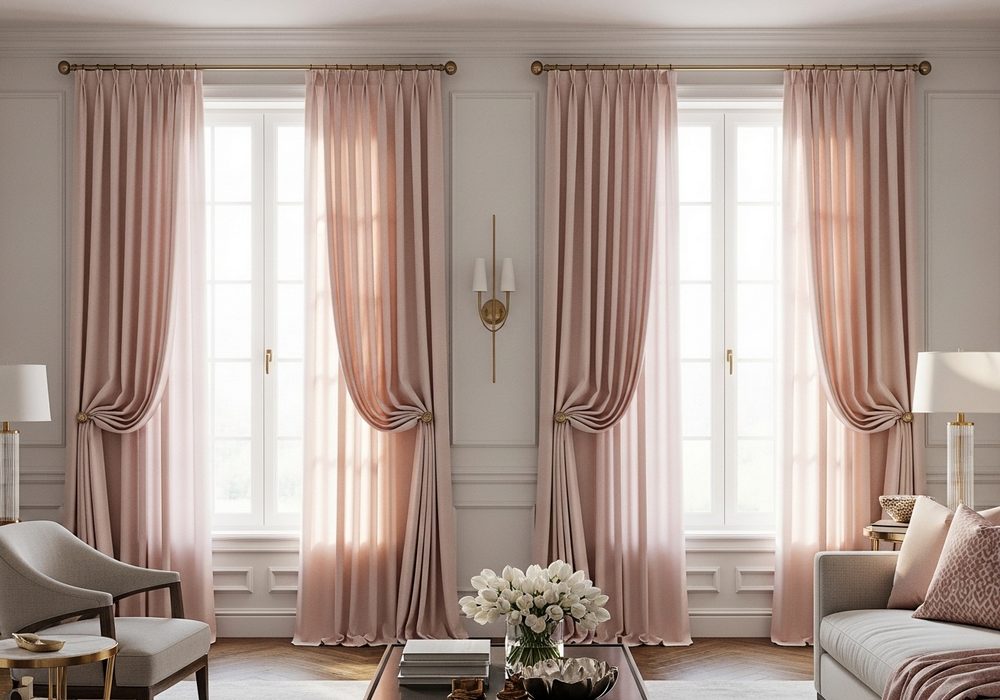 Soft Blush Curtains With Metallic Hardware