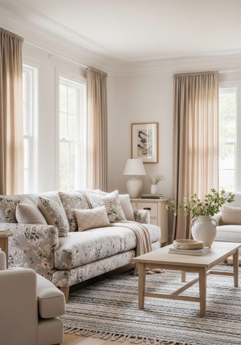 Soft Pastel Floral Sofa With Neutral Layers