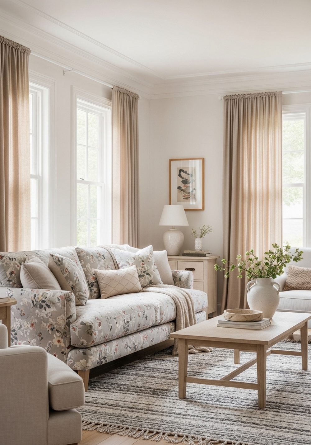 Soft Pastel Floral Sofa With Neutral Layers