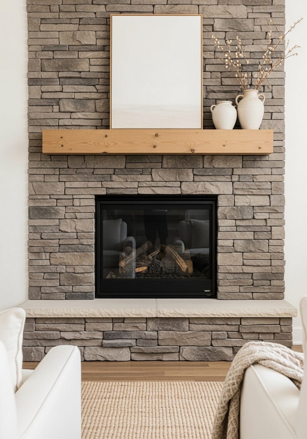 Stacked Stone Fireplace with Wood Mantel