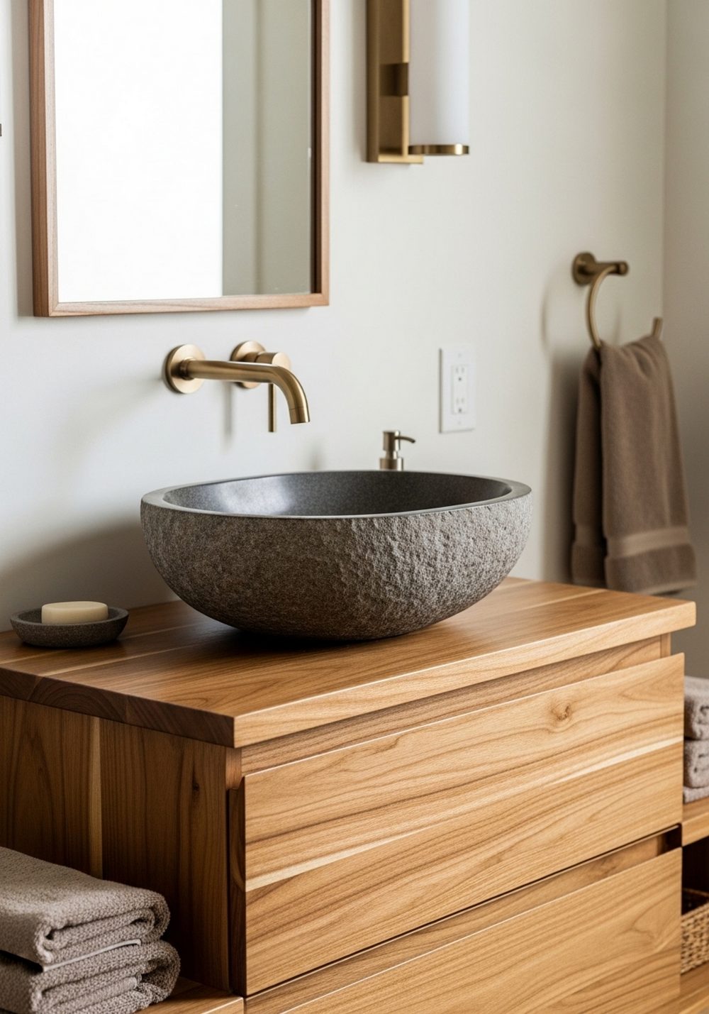 Stone Vessel Sink on Wood Vanity