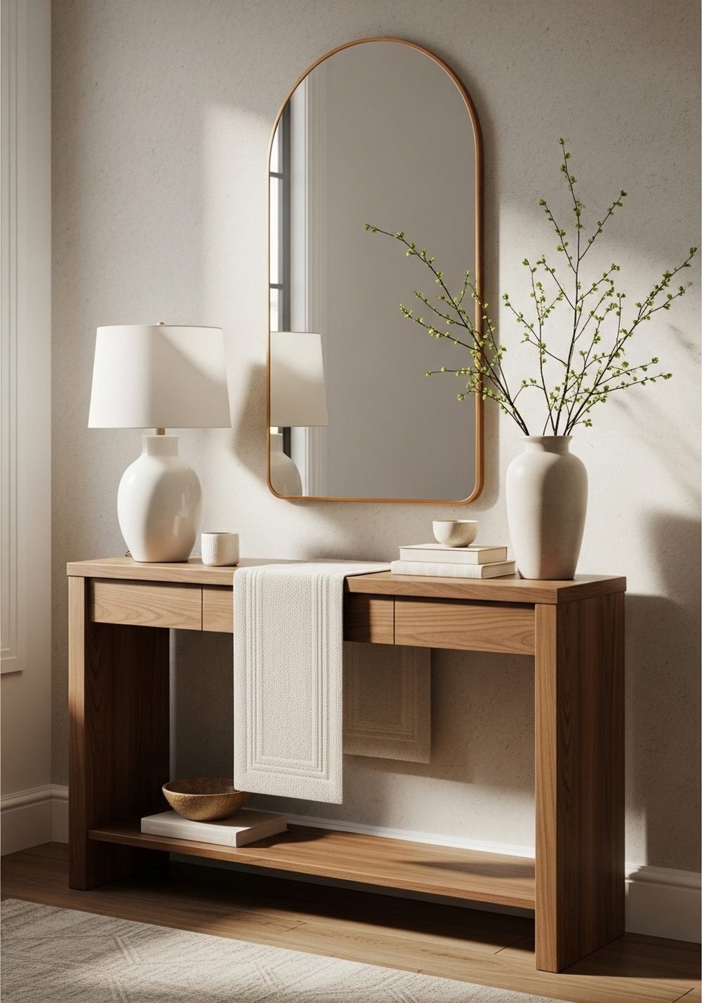 Warm Walnut Entryway Console Styling