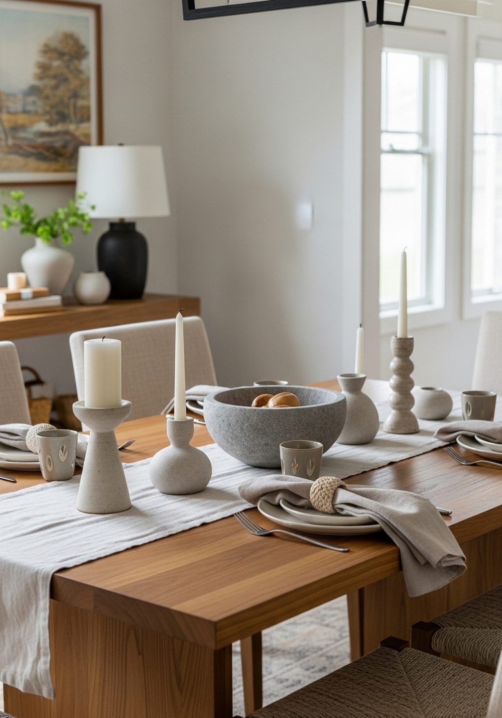 Wood Dining Table with Stone Centerpieces