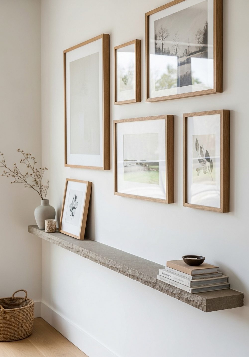 Wood-Framed Art Above a Stone Ledge