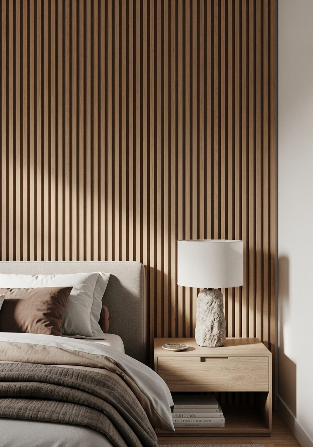Wood Slat Bedroom Wall with Stone Accents