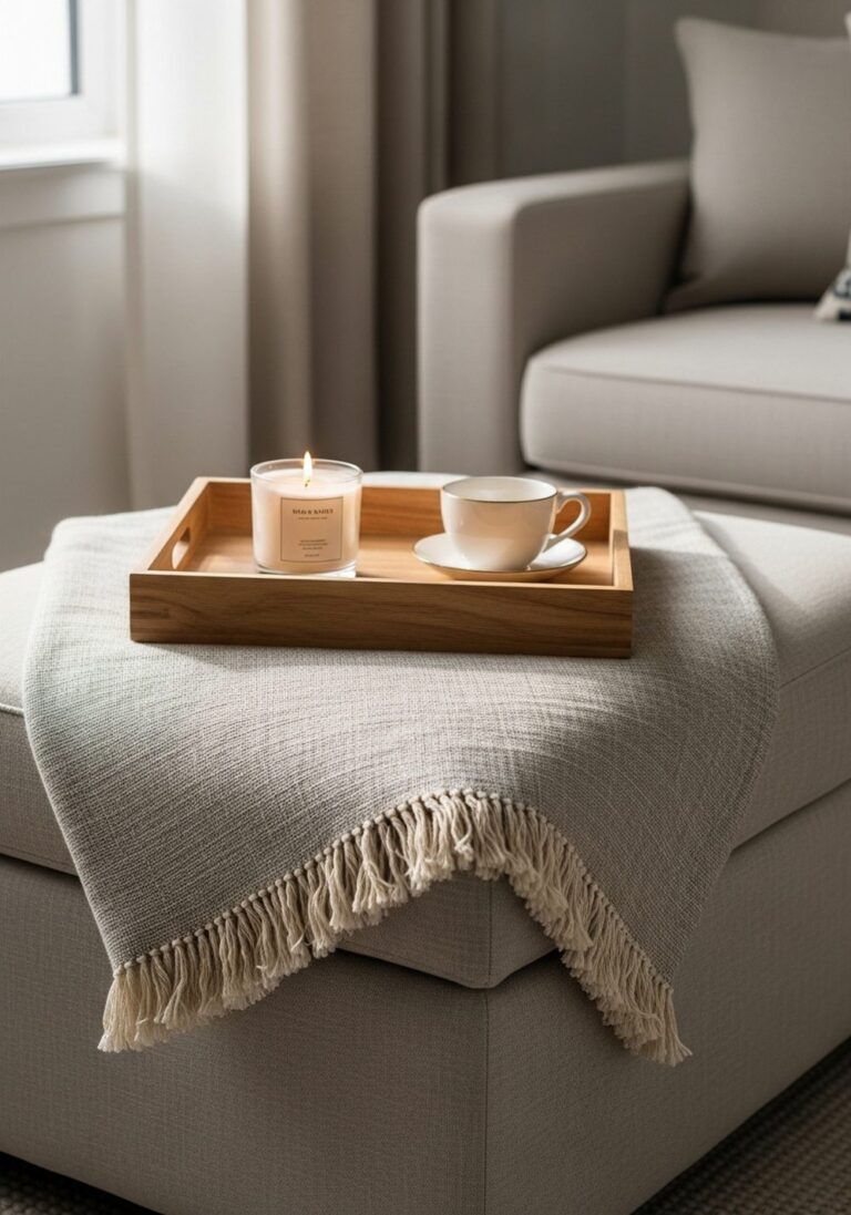 Wood Tray on a Linen Ottoman or Bench
