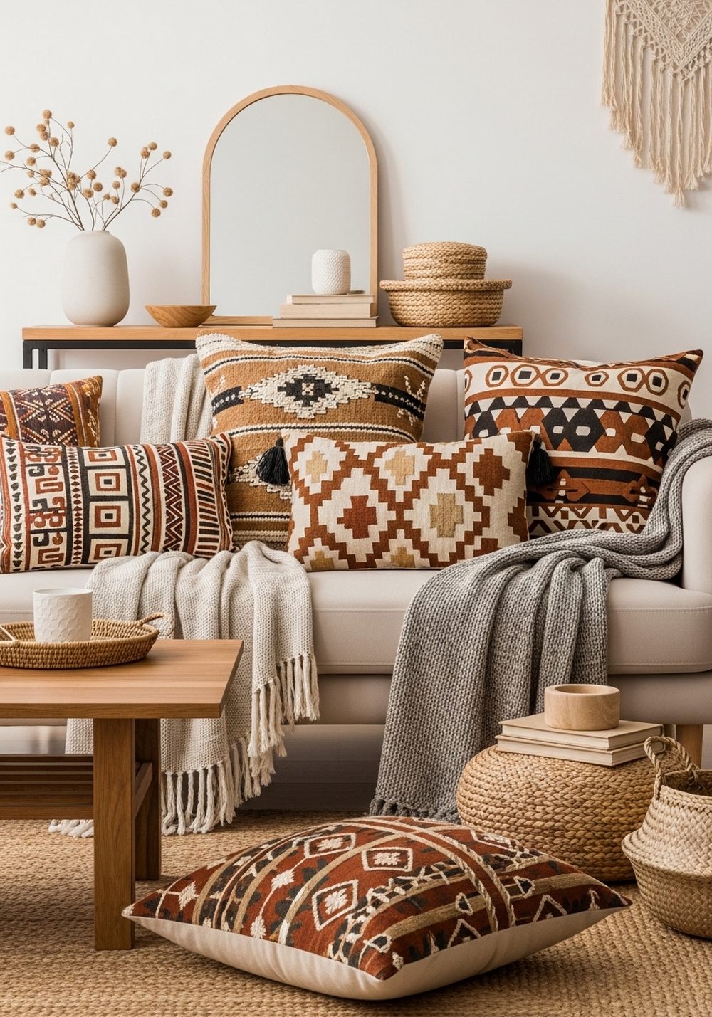 Add a Neutral Sofa With Rich Patterned Pillows