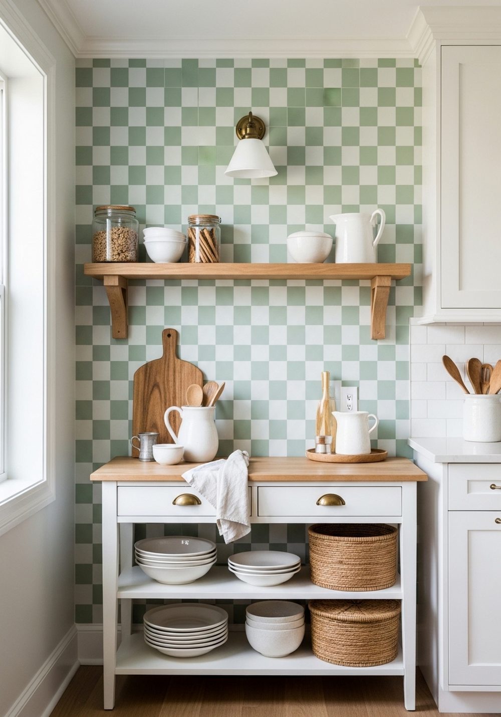 Sage Green and White Checkerboard Accent Wall