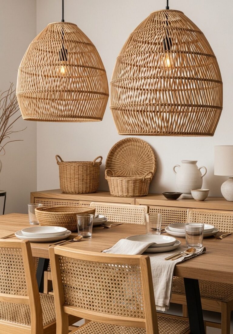 Woven Pendant Lights and Rattan Layers