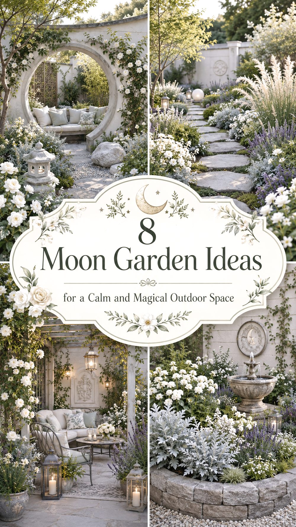 A moon garden is made to look beautiful in soft evening light It usually uses white flowers- silver leaves- pale stones- lanterns
