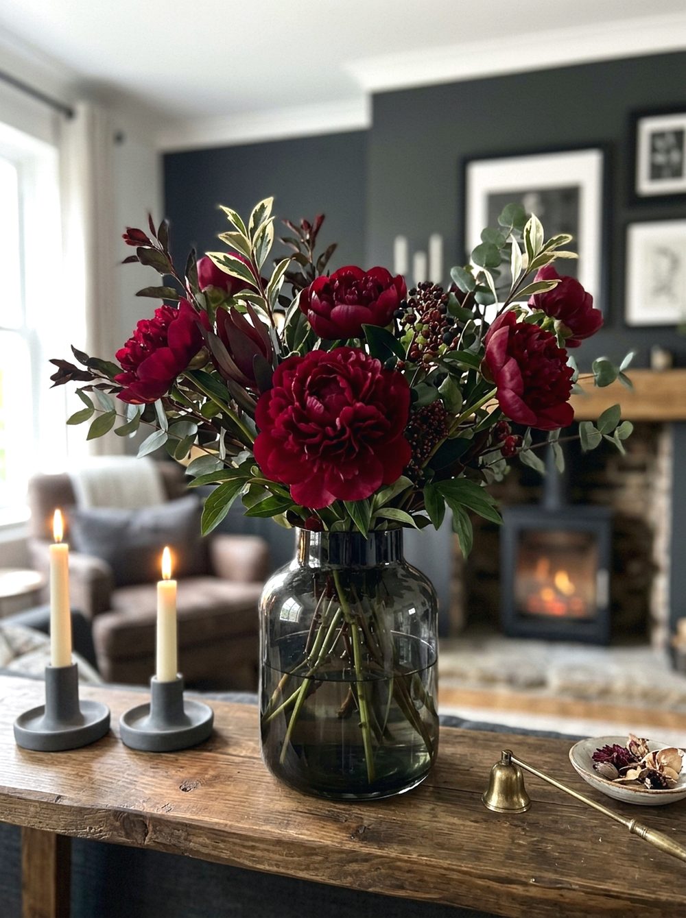 Burgundy Peony Mantel Arrangement