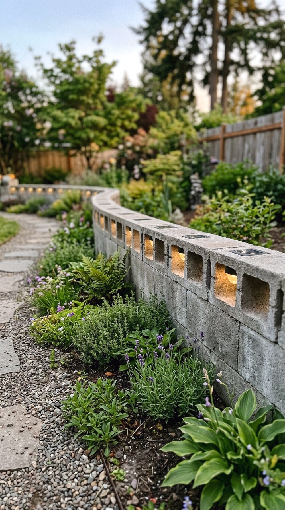 Cinder Block Garden Wall With Solar Lights