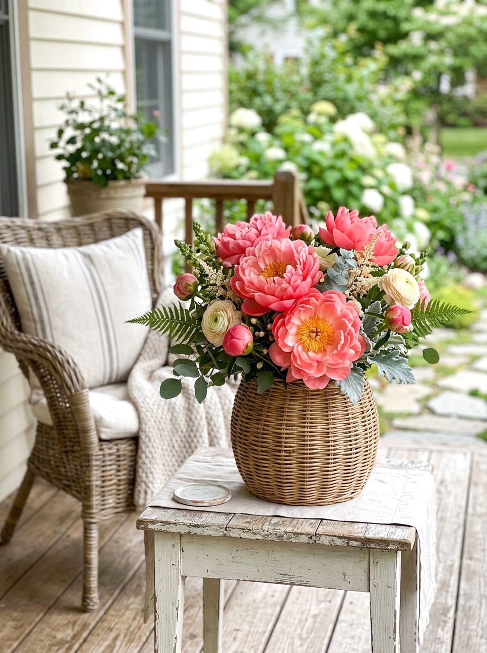 Coral Peony Porch Table Arrangement