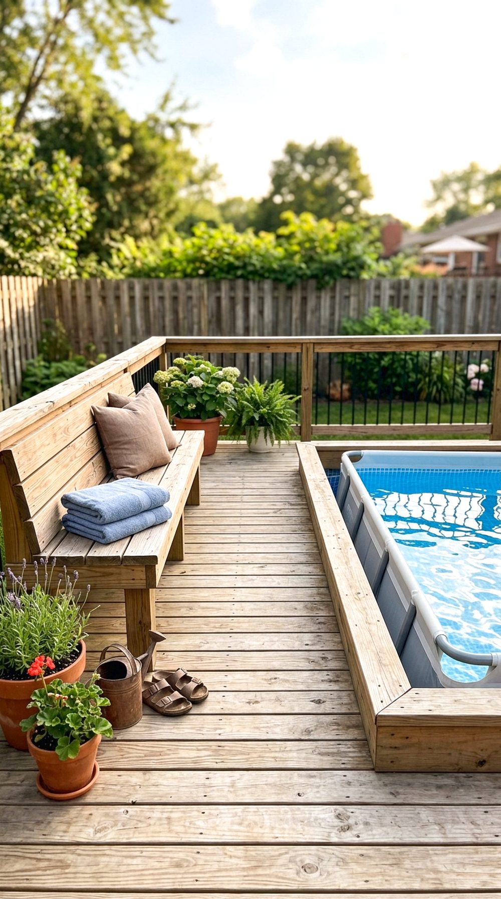Farmhouse Pool Deck With Bench