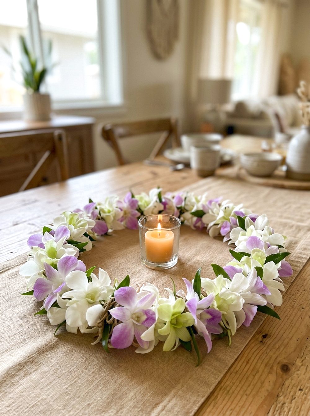 Fresh Orchid Lei Table Decor