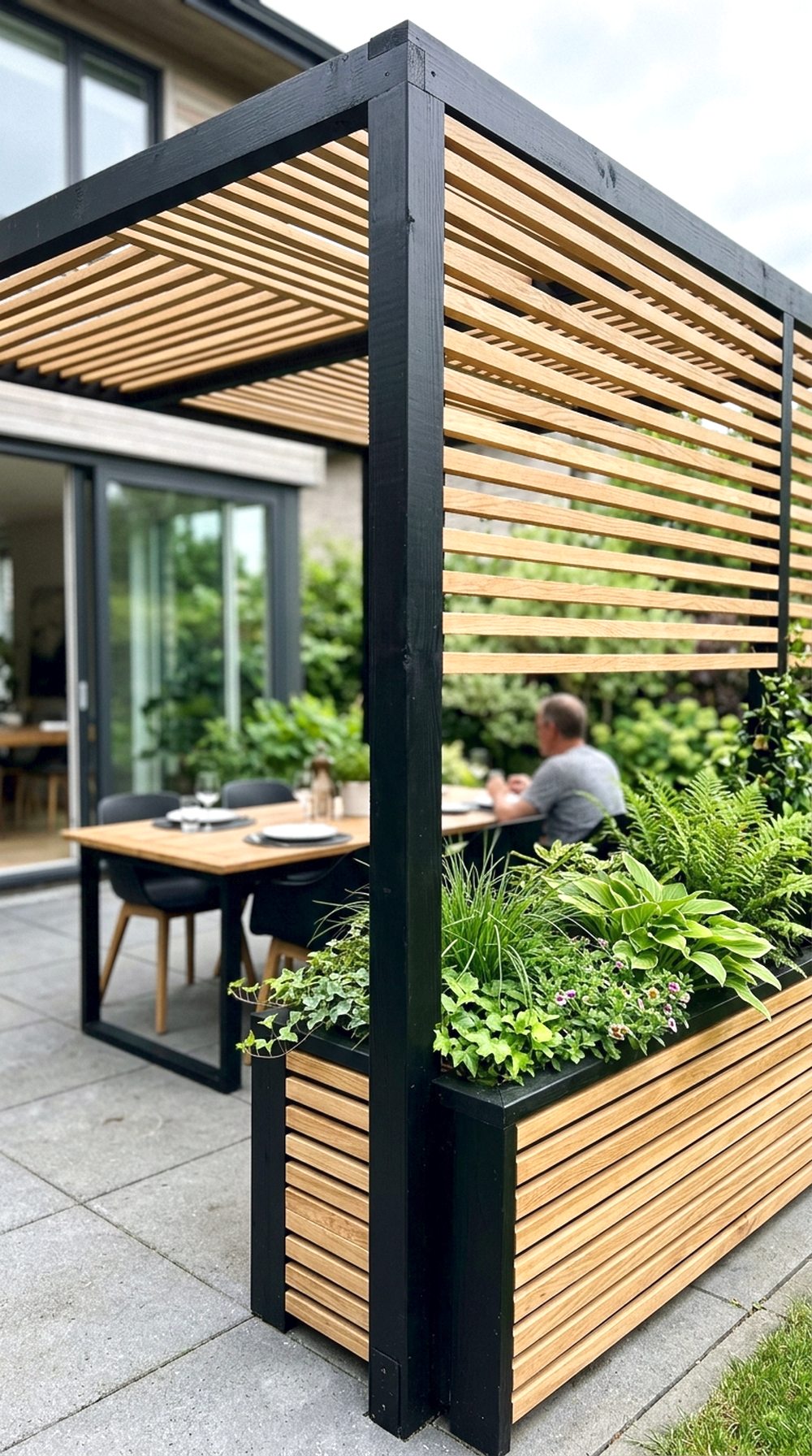 Modern Black Pergola With Planters