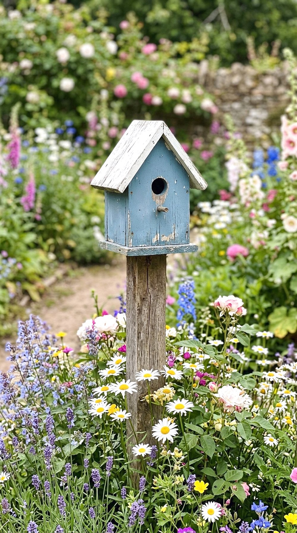 Painted Birdhouse Flower Post