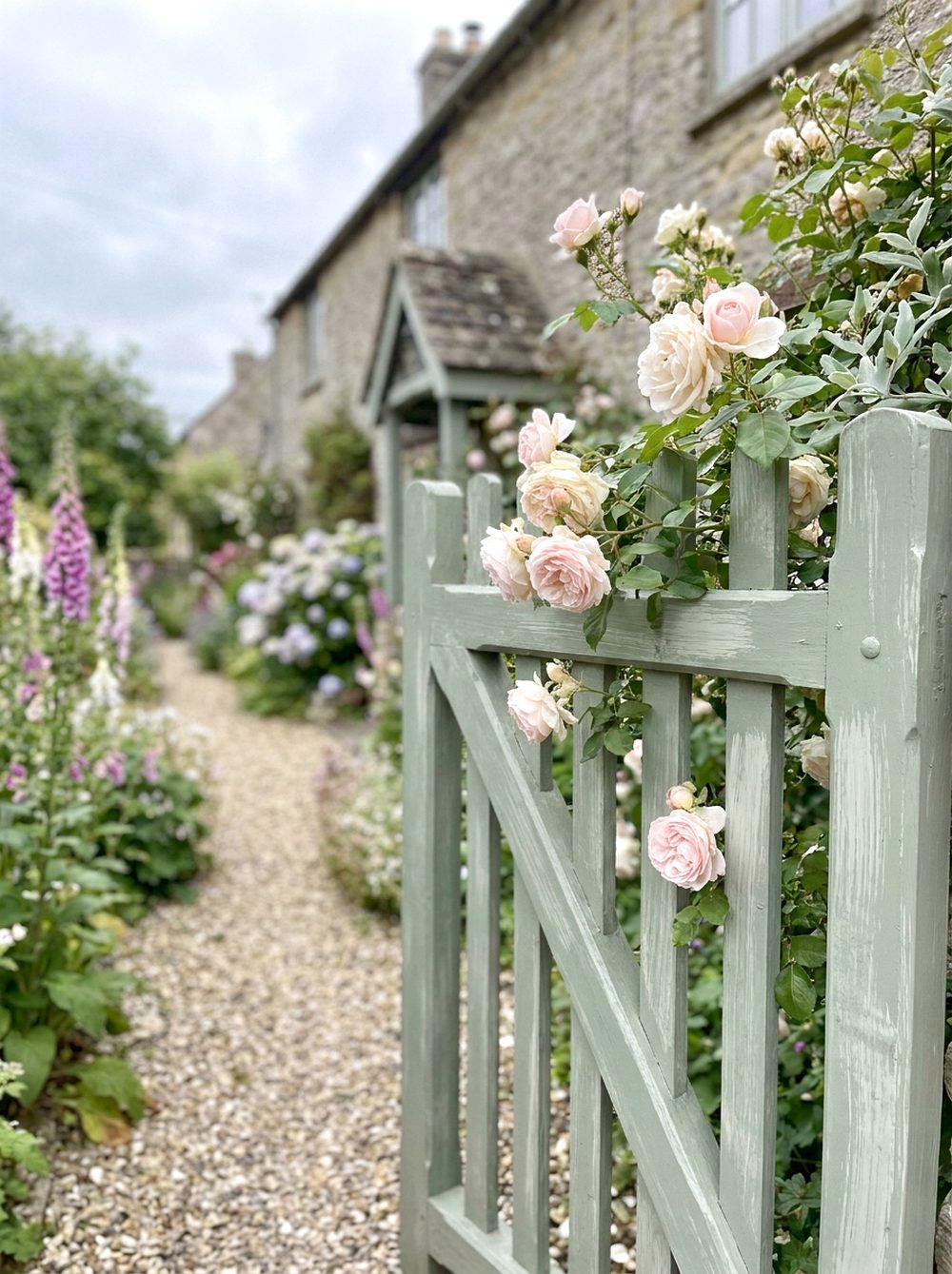 Painted Garden Gate With Climbing Roses