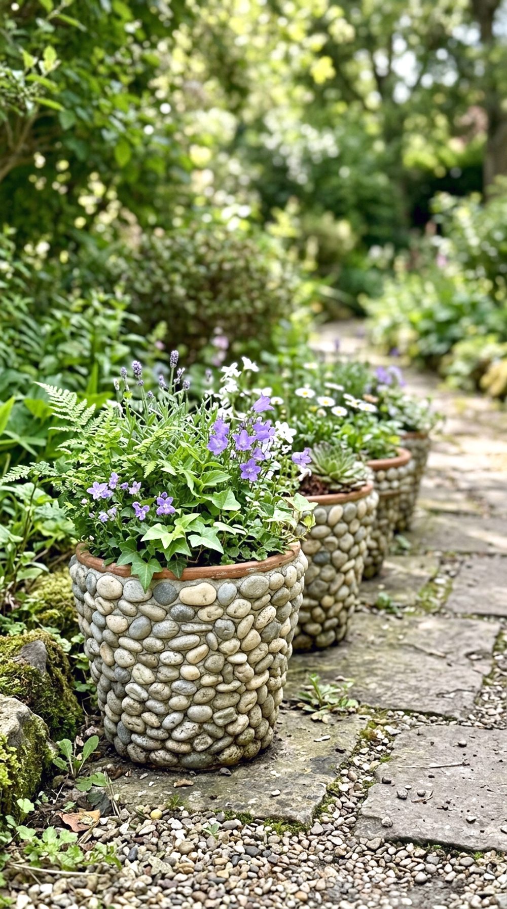 Pebble-Decorated Flower Pots