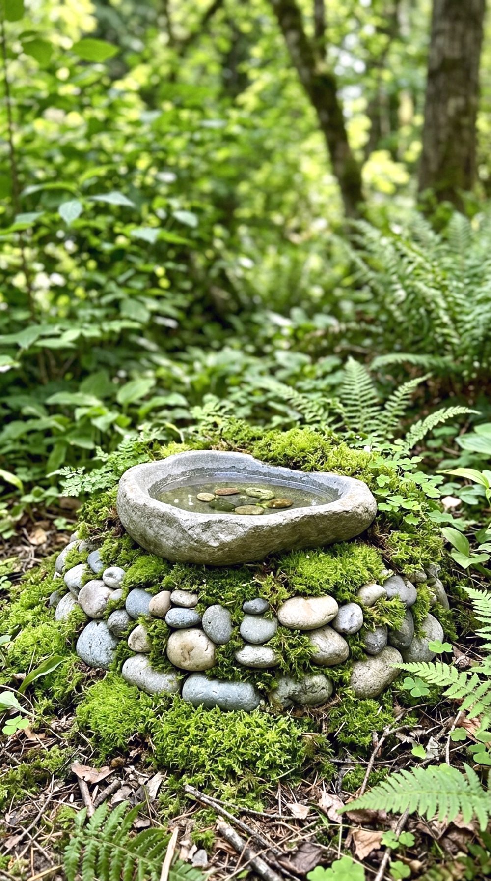 Pebble and Moss Birdbath