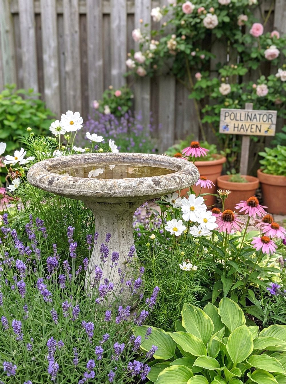 Pollinator Garden With Birdbath