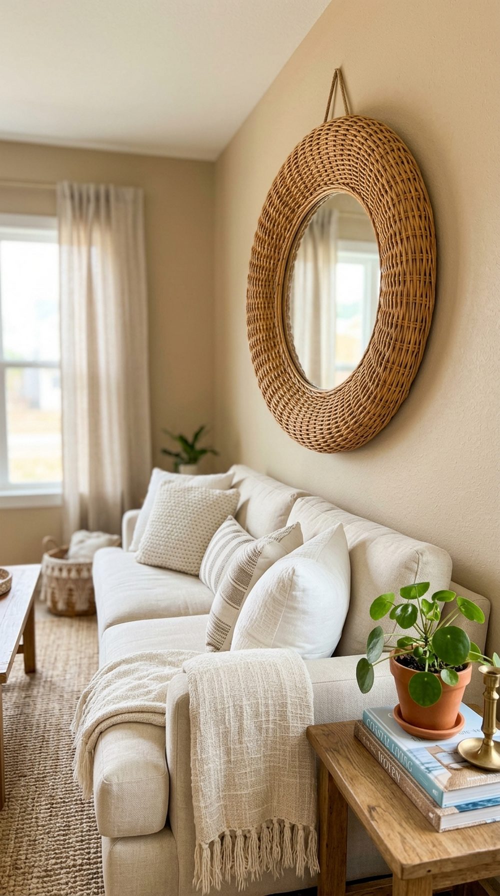 Rattan Mirror Above Sofa