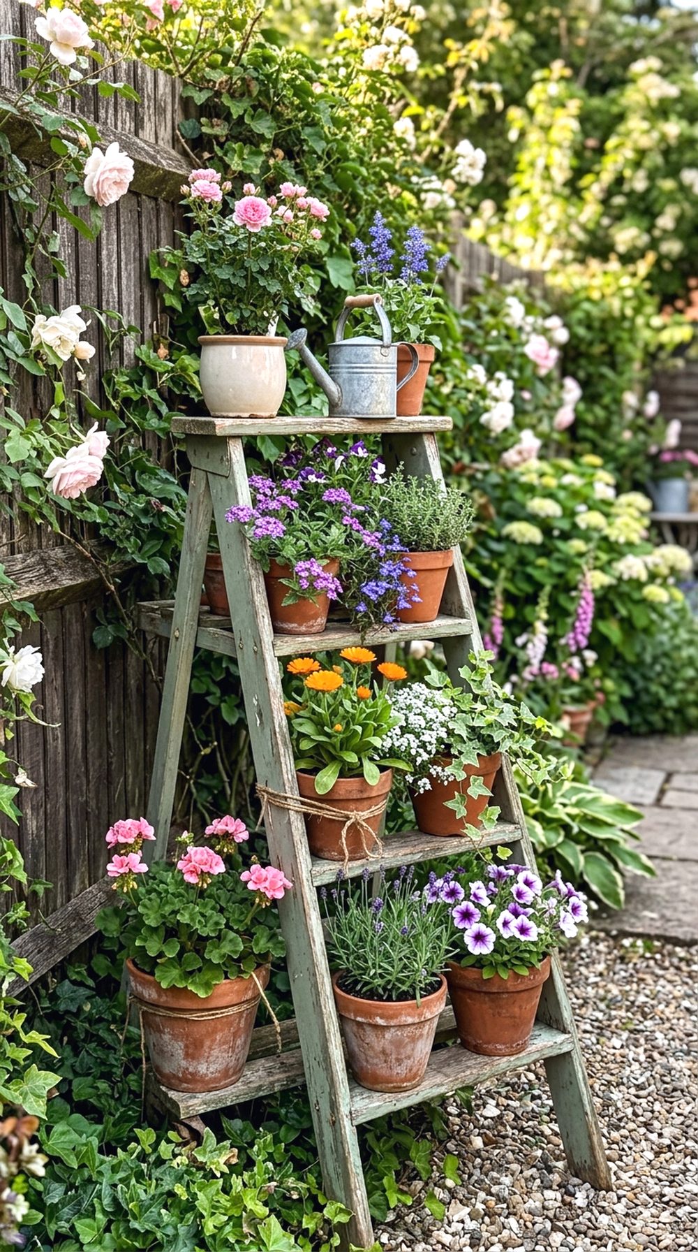Repurposed Ladder Flower Stand