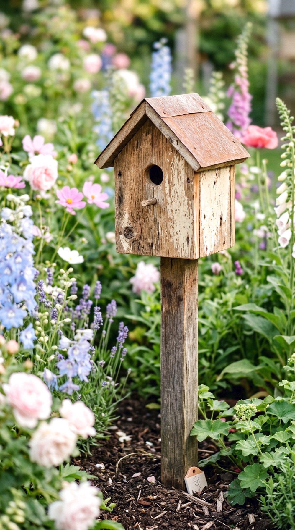 Rustic Birdhouse Garden Stake