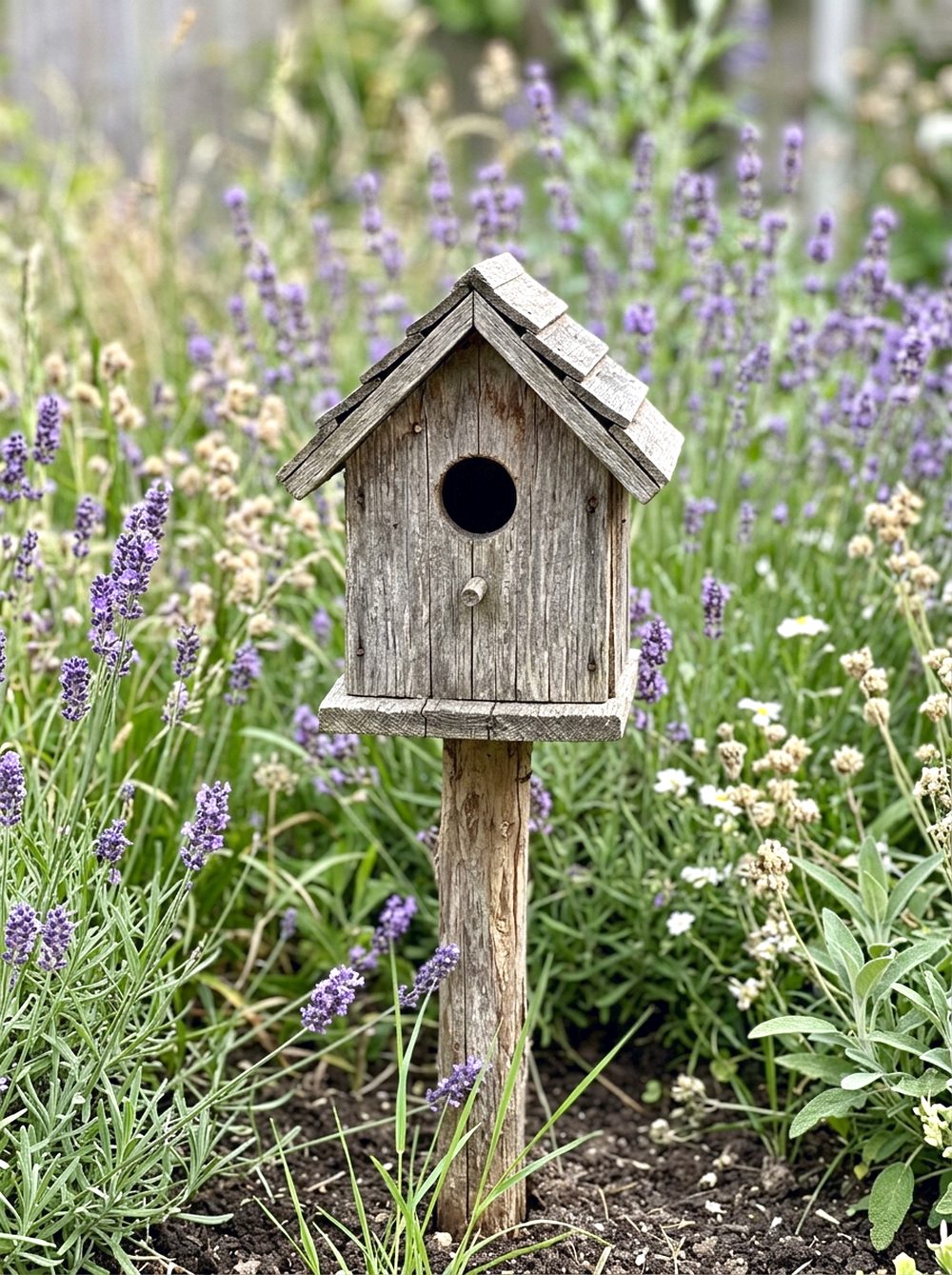 Rustic Birdhouse on Garden Stake