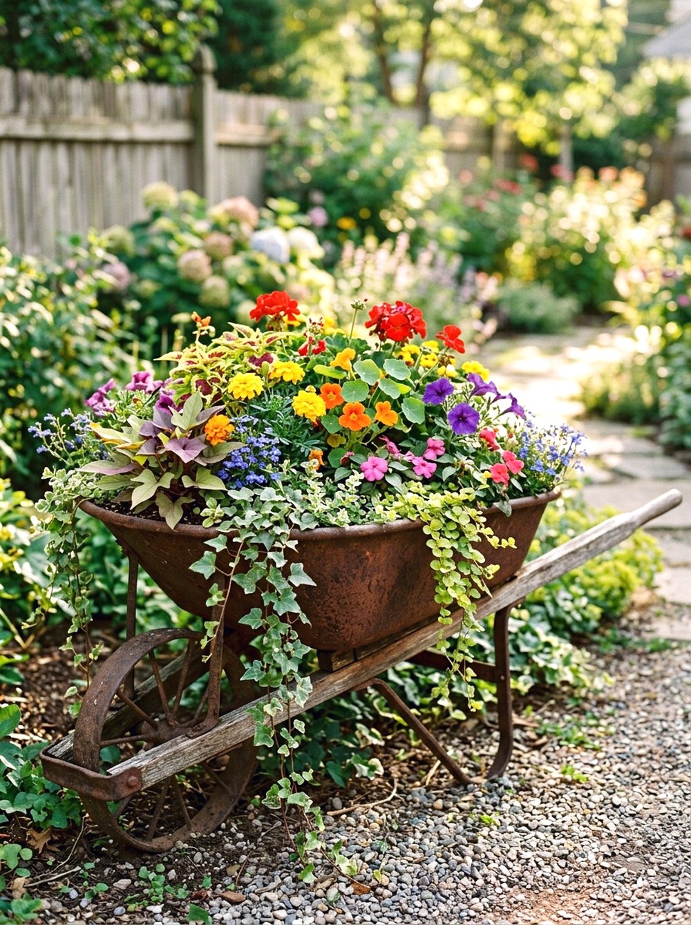 Rusty Wheelbarrow Flower Bed