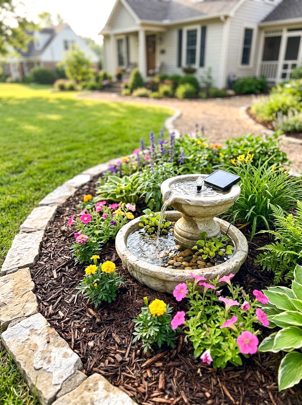Solar Fountain with Flower Bed Border