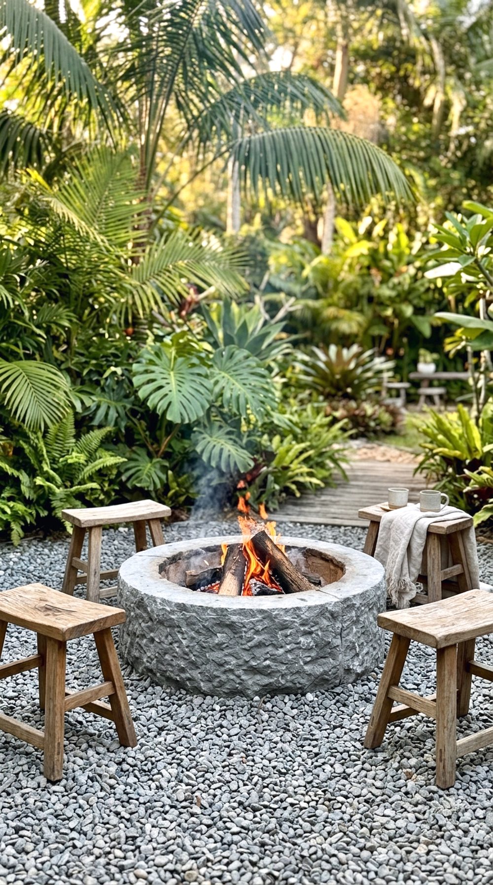Stone Fire Pit With Tropical Plants