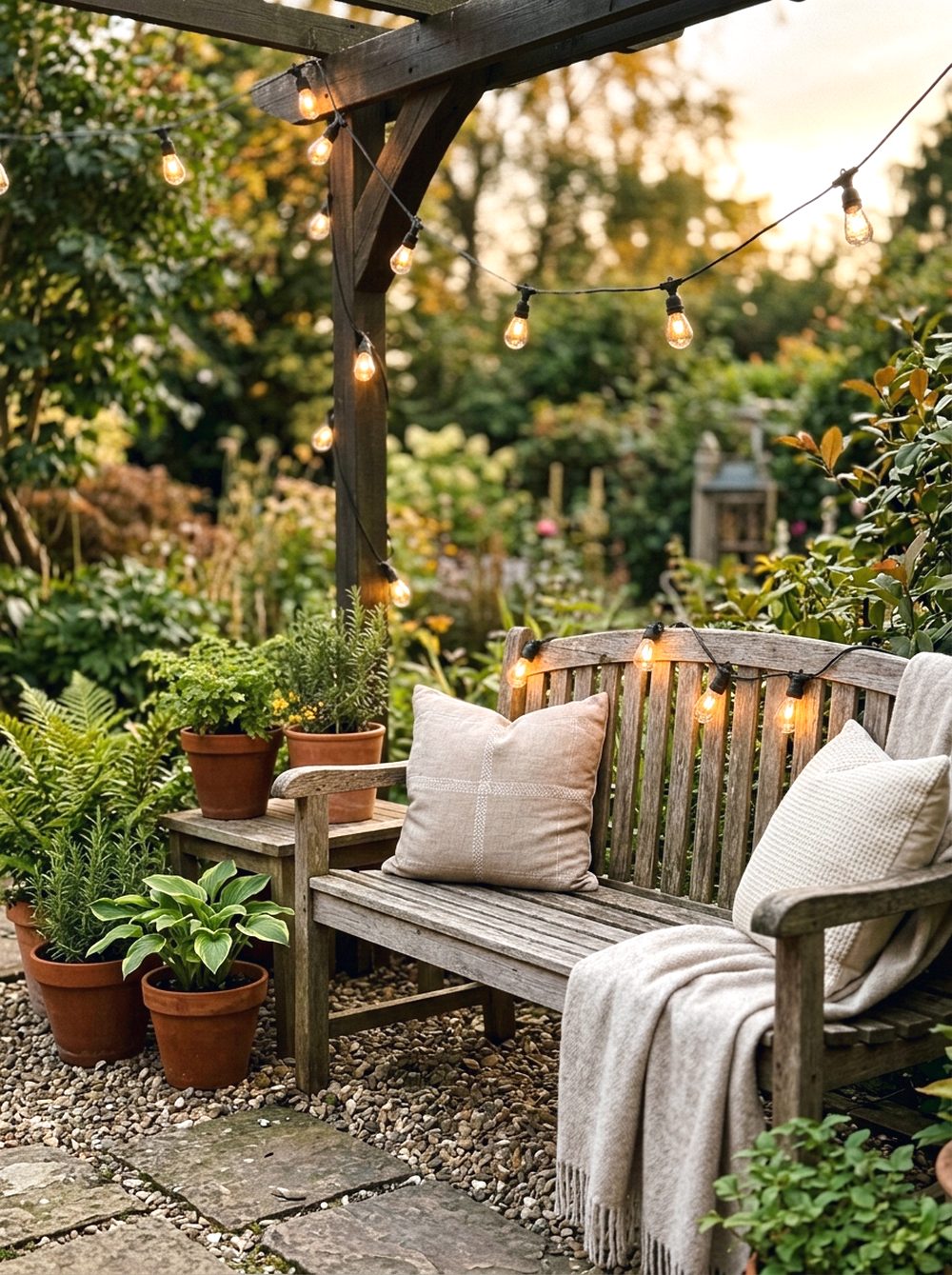 String Lights Over Garden Bench