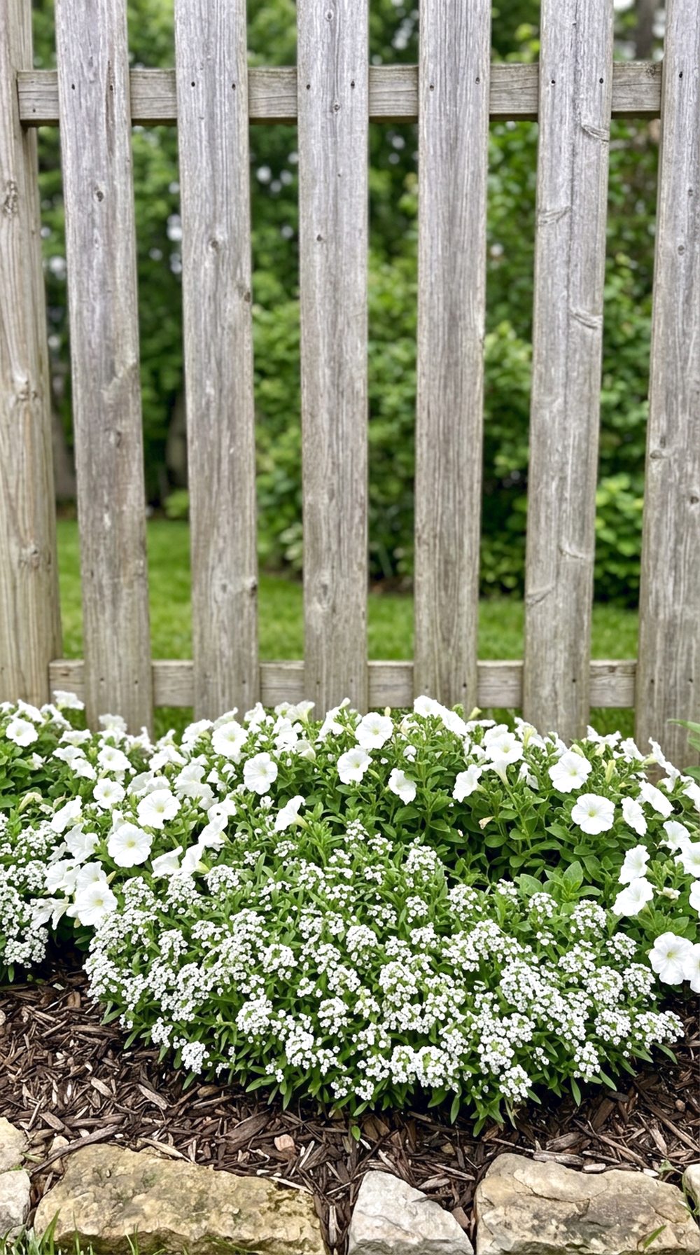 White Flower Border Along Fence