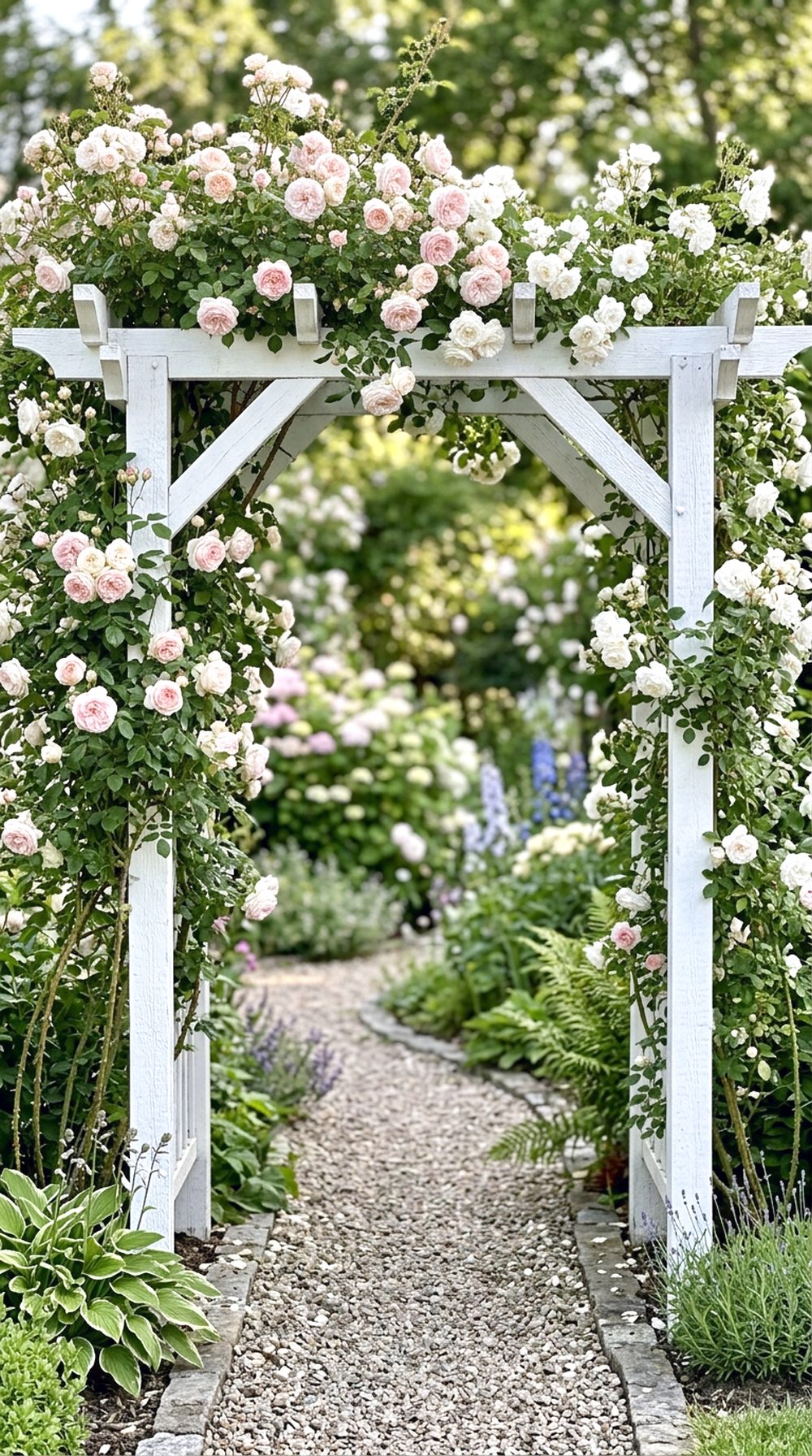 White Pergola With Climbing Roses